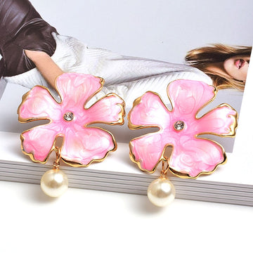 Flower-Shaped Metal Oiled Dangle Drop Earrings - SunsetFashionLA
